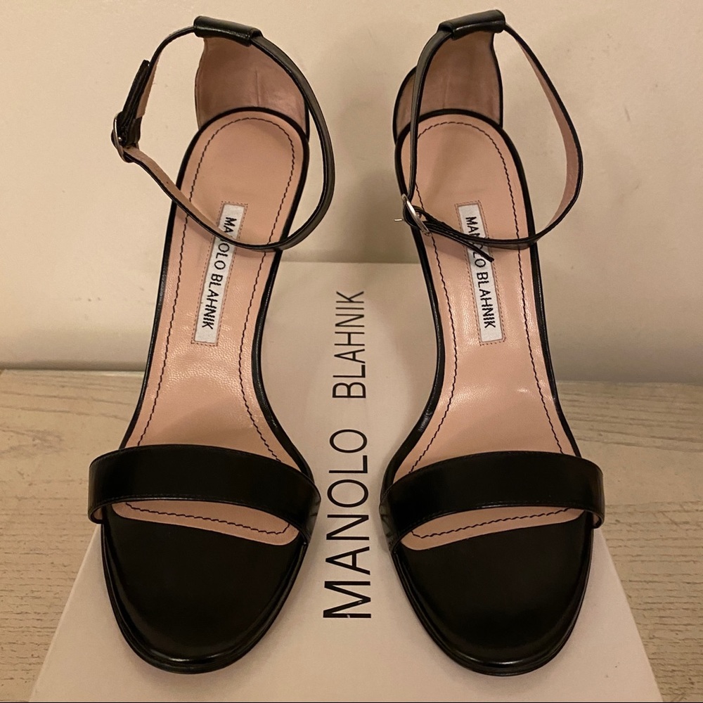 Manolo Blahnik Black Leather Ankle-Strap Open-Toe Heels